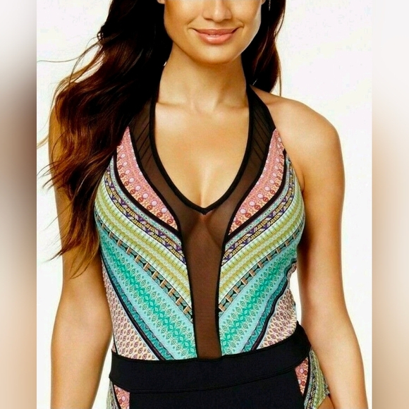 Bleu Rod Beattie Plunge Mesh Neck Halter One Piece Swimsuit Sz 6 - Picture 2 of 12